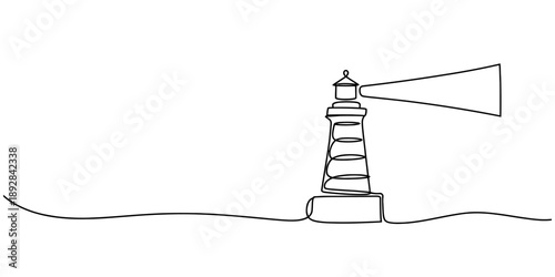 Continuous line art drawing of a lighthouse emitting a guiding light on a solid white background Vector, illustration
