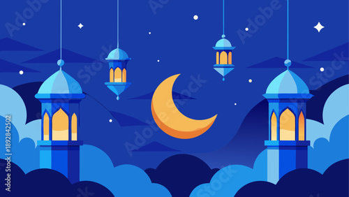 Nighttime mosque with hanging lanterns and crescent moon