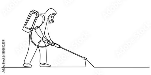 Continuous line drawing of a worker in a protective suit performing disinfection Vector, illustration
