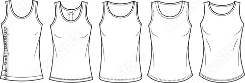 Line art illustration of women tank top templates showing multiple necklines for fashion design technical sketch vector collection set apparel modern minimal style isolated