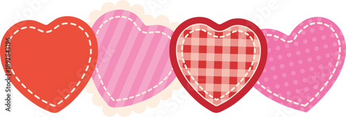 Cute hearts in the style of fabric patches with patterns (checkered, polka dots, stripes). A romantic design element for Valentine's Day, weddings, or love-themed projects.