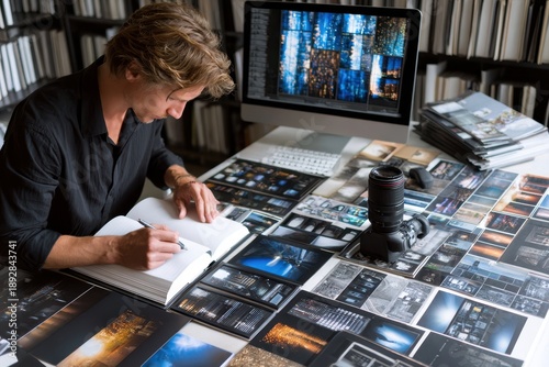 Photographer reviewing and organizing printed works in a creative workspace during daylight