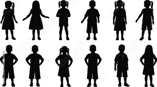 Collection of Children Silhouettes Standing in Different Poses Showing Boys and Girls in Casual Clothes Representing Childhood, Growth, Education, Family, and Kid Lifestyle Concept