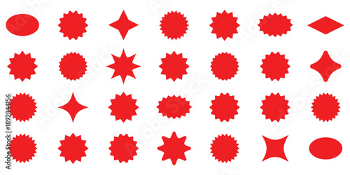 Set of red price sticker, sale or discount sticker, sunburst badges icon. Stars shape with different number of rays. Special offer price tag. Red starburst promotional badge set, shopping. EPS 10. 