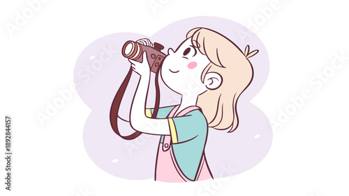 Whimsical Blonde Girl Taking Photo with Vintage Camera Vector