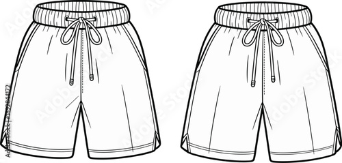 Line art illustration of casual drawstring shorts front and back views for sportswear fashion design technical sketch vector template set apparel collection style modern