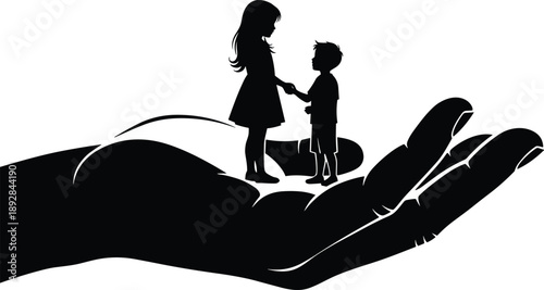 Silhouette of a Giant Hand Holding a Little Boy and Girl Vector Illustration for Child Protection Foster Care Safety and Charity Support Design,