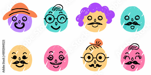 Colorful easter eggs illustrated with various facial features and whimsical hats