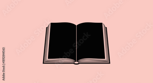 An open book with black pages on a pink background.