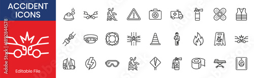 Accident Icon Collection Thin Line Icon Set Warning Triangle First Aid Kit Ambulance Injured Person Emergency Call