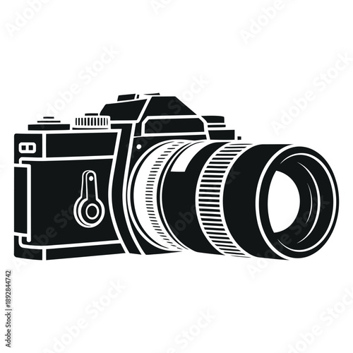 Vintage professional dslr camera silhouette icon for photography studio branding and media equipment design concepts for videography service advertisements and creative arts themes