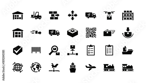 Collection of logistics and delivery icons warehouse, truck, drone, airplane, ship, train, barcode, QR code, box, globe, and more for supply chain management