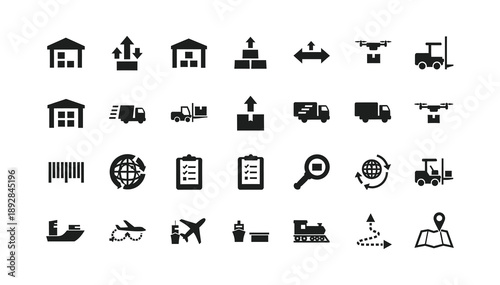 Comprehensive collection of logistics and shipping icons, illustrating modern supply chain management, warehousing, and global delivery services for efficient transport and business operations