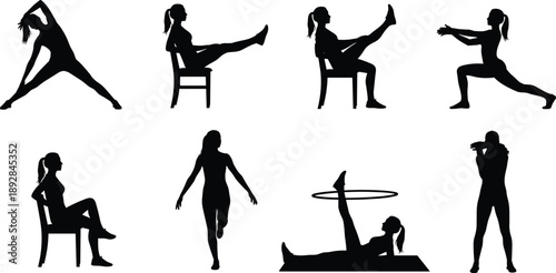Collection of Female Fitness Silhouettes Performing Stretching, Strength, and Balance Exercises in Different Workout Poses, Healthy Lifestyle Concept, Isolated on White Background