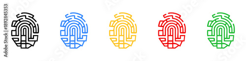 Set of colorful fingerprint icons in various styles, symbolizing biometric security, identity verification, and digital privacy on white background.