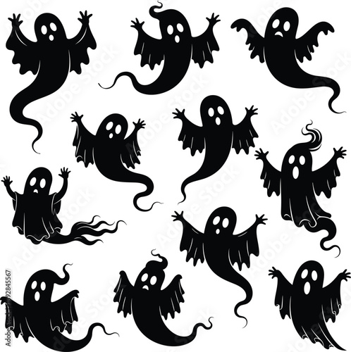 Set of spooky flying ghost silhouettes with expressive faces for Halloween party decoration haunted house character design scary phantom spirits and fun supernatural vector