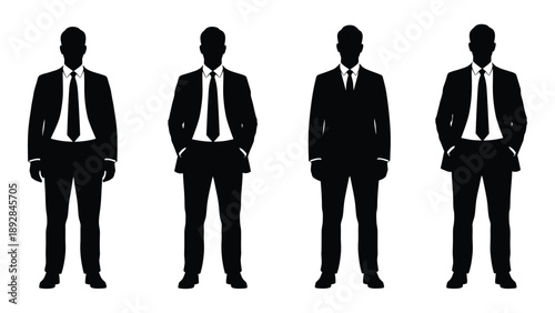 Four silhouetted men in suits stand in a row hands in pockets
