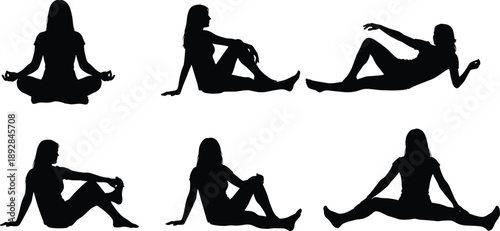 Collection of female yoga and stretching silhouette poses seated and reclining isolated on white background, ideal for wellness, fitness, meditation, relaxation, and healthy lifestyle concepts