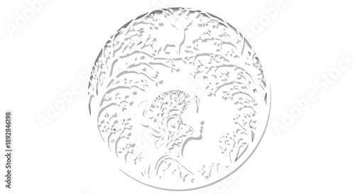 Intricate circular vector design of a woman's profile silhouette entwined with forest trees and a stag, suitable for laser cutting, engraving, and CNC projects.
