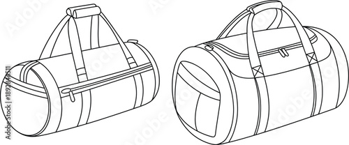 Hand drawn travel duffel bag line art illustration, front and perspective views, isolated on white background for luggage, sport, and fashion design vector template