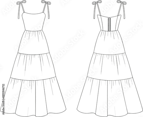 Hand-drawn tiered maxi dress fashion sketch with tie-strap shoulders, corset back detail, front and rear technical outline for summer apparel design illustration isolated background
