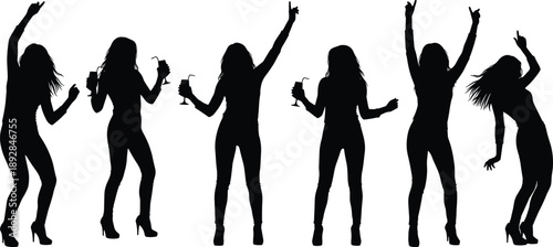 Party women silhouettes dancing with cocktails, nightlife celebration, fun energy and club lifestyle concept isolated on white background