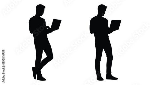 Silhouettes of two men using laptops depicted in a stark minimalist style