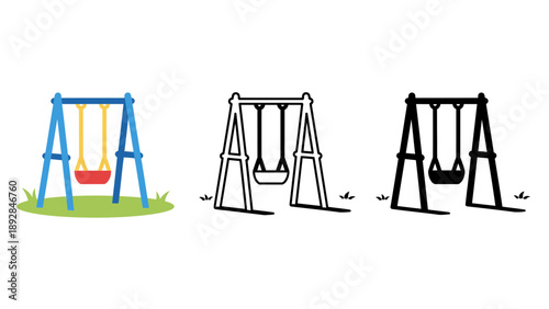 A colorful illustration of three swings in different design styles side by side