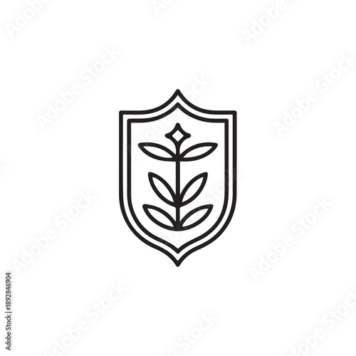 Shield outline icon with central plant branch design modern line art emblem for organic products nature conservation or ecological brand