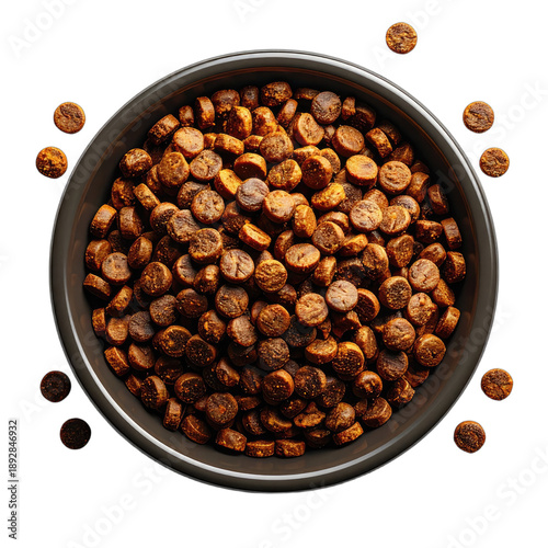 Overhead view of brown, round pet food kibble filling a dark gray bowl against a black background.