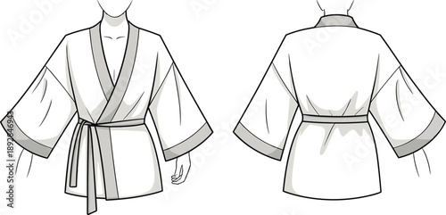 Line art illustration of women kimono robe front and back views for fashion design technical sketch vector template clothing apparel concept isolated on background