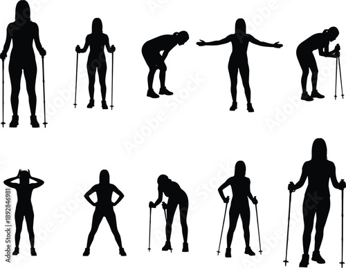 Female fitness silhouettes exercising with trekking poles, stretching and warm up poses, active lifestyle and workout routine isolated on white background