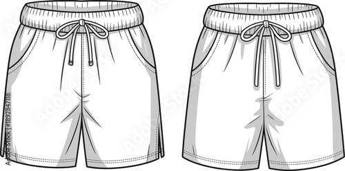 Line art illustration of casual drawstring shorts front and back views for sportswear fashion design technical sketch vector template set apparel collection style modern