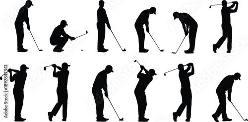 Collection of golfer silhouettes showing different golf swing positions, putting stances, and playing techniques, representing professional sports activity and outdoor recreation on white background