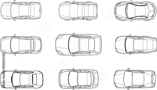 Line art illustration of car top view outlines in multiple angles for vehicle design, transportation concept, and technical drawing collection vector set template style