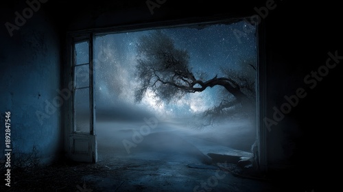 Eerie Night Scene Through a Window with a Twisted Tree.
