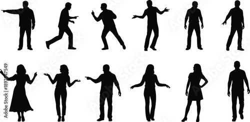 Collection of male and female silhouettes showing expressive gestures and body language, people communicating through pointing, talking and discussion poses isolated on white background, social 