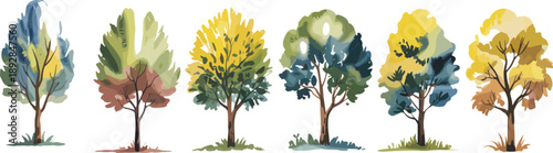 Watercolor illustration of diverse deciduous trees in seasonal autumn and summer colors isolated on white background for landscape design and nature concept art collection