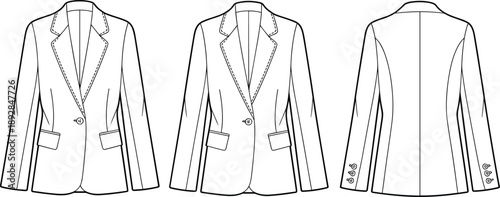 Line art illustration of tailored women blazer jacket front side and back views for fashion design technical sketch vector template collection set style apparel