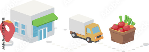 Vector illustration of an isometric grocery store with a delivery truck and fresh produce basket for digital tracking.