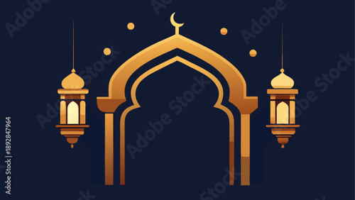 Elegant islamic mosque arch with hanging lanterns