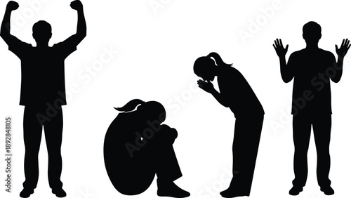 Human emotions silhouette set showing victory, depression, prayer, surrender and stress poses isolated on white background for psychology concept