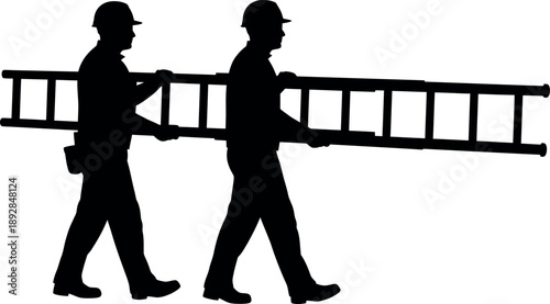 Construction workers carrying ladder silhouette teamwork concept