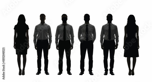 Business attire silhouettes with men in shirts and ties and women in dresses