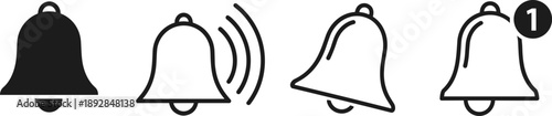 Bell icons showing different notification states for user interface design, including alert, mute, unread message, ringing, active status, digital communication, UI feedback, message indicator