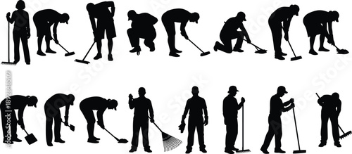Cleaning and gardening worker silhouettes using rakes, brooms, and tools isolated on white background representing maintenance, labor, and outdoor work