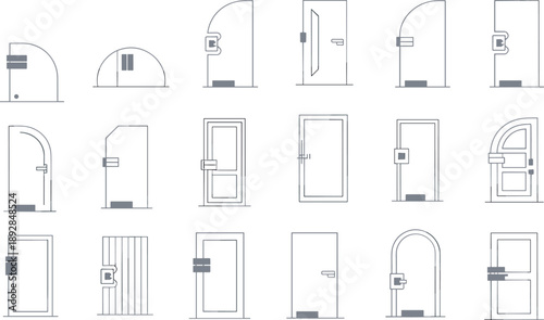 Various door with different shapes and handles doors door handles arched doors rectangular doors door gray lines
