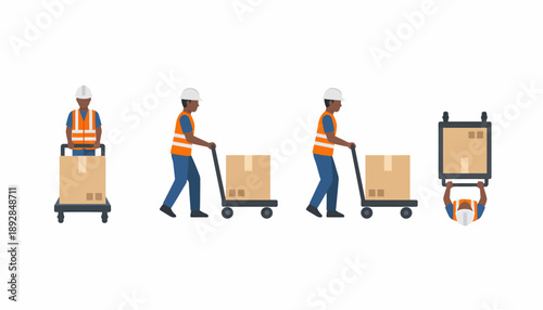 A worker in a hard hat and safety vest pushing a hand truck with a cardboard box.