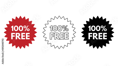 Three 100 percent free badges in red, black, and white on a plain background