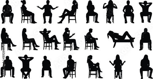 People sitting silhouettes collection showing body language, communication, emotions, counseling, interviews, and group discussion poses in black and white vector style